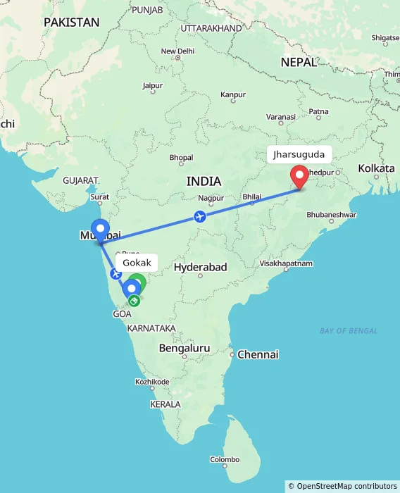 Route map showing distance and travel time from Gokak, India to Jharsuguda, India