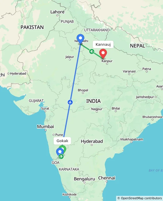 Route map showing distance and travel time from Gokak, India to Kannauj, India
