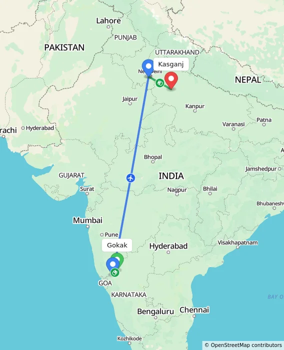 Route map showing distance and travel time from Gokak, India to Kasganj, India
