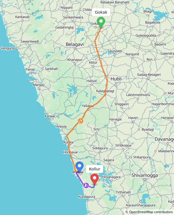 Route map showing distance and travel time from Gokak, India to Kollur, India