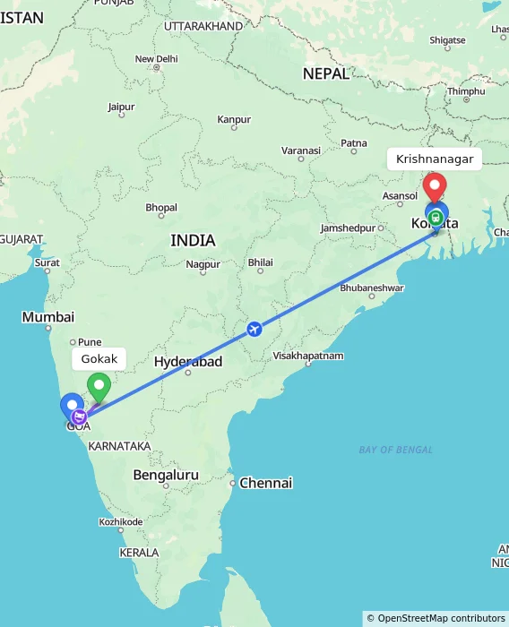 Route map showing distance and travel time from Gokak, India to Krishnanagar, India
