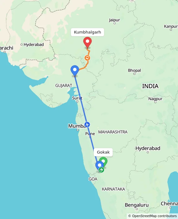 Route map showing distance and travel time from Gokak, India to Kumbhalgarh, India