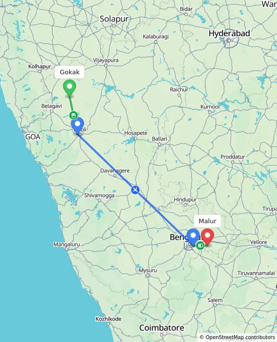 Route map showing distance and travel time from Gokak, India to Malur, India
