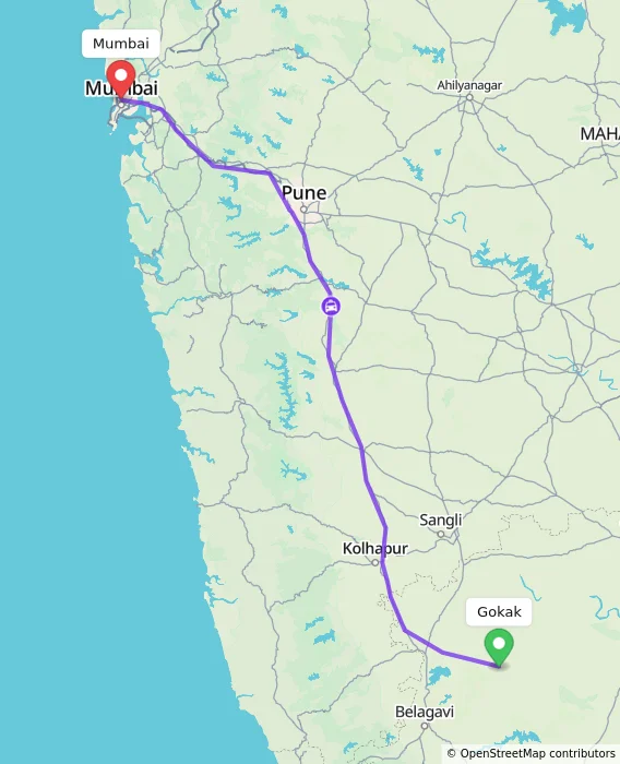 Route map showing distance and travel time from Gokak, India to Mumbai, India