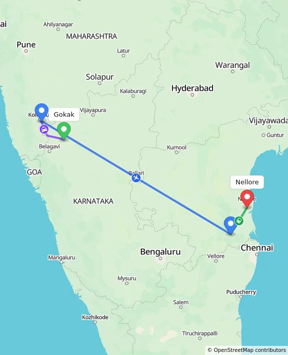 Route map showing distance and travel time from Gokak, India to Nellore, India