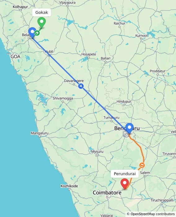 Route map showing distance and travel time from Gokak, India to Perundurai, India