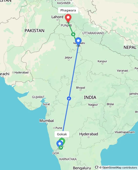 Route map showing distance and travel time from Gokak, India to Phagwara, India