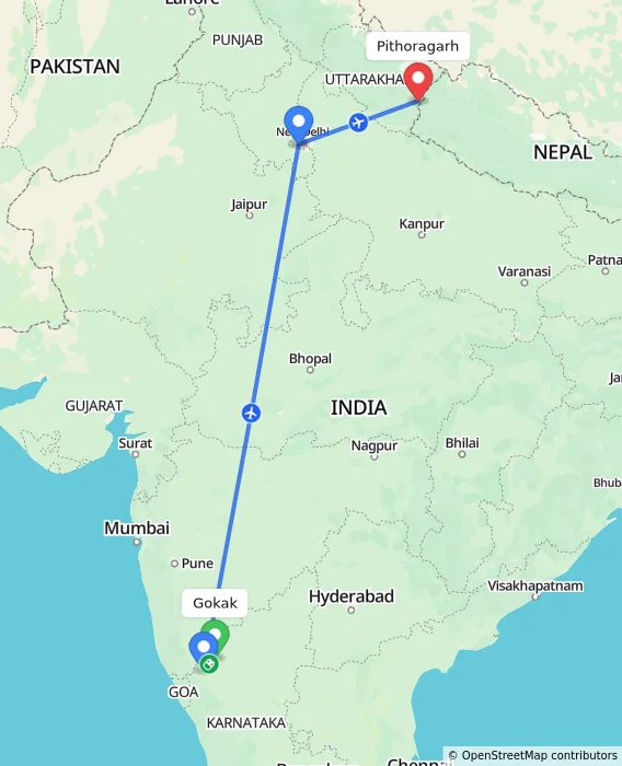 Route map showing distance and travel time from Gokak, India to Pithoragarh, India