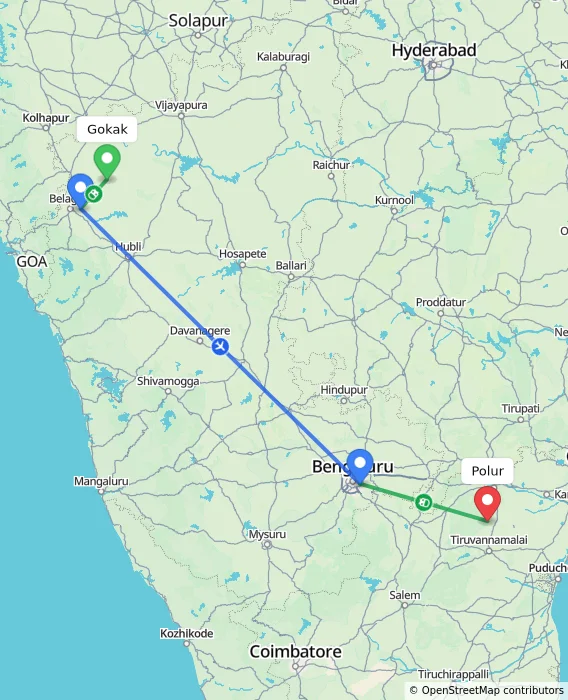 Route map showing distance and travel time from Gokak, India to Polur, India