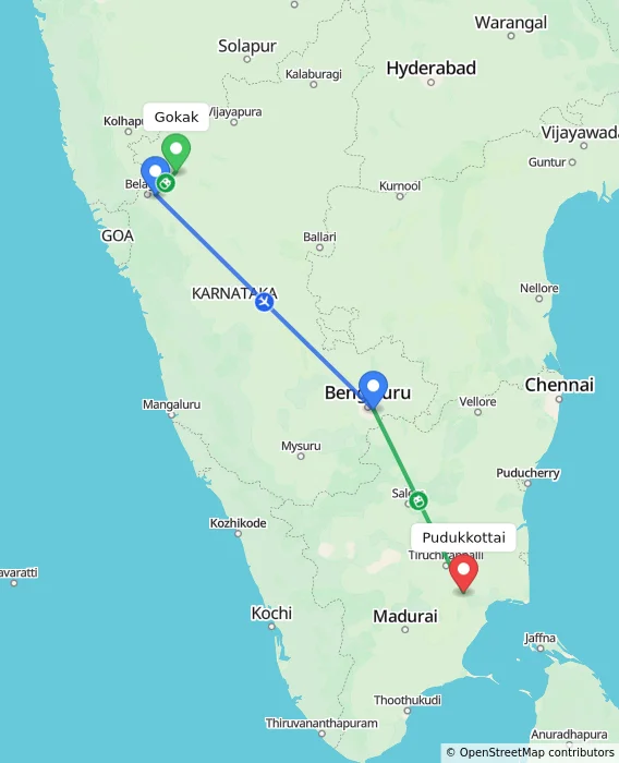 Route map showing distance and travel time from Gokak, India to Pudukkottai, India