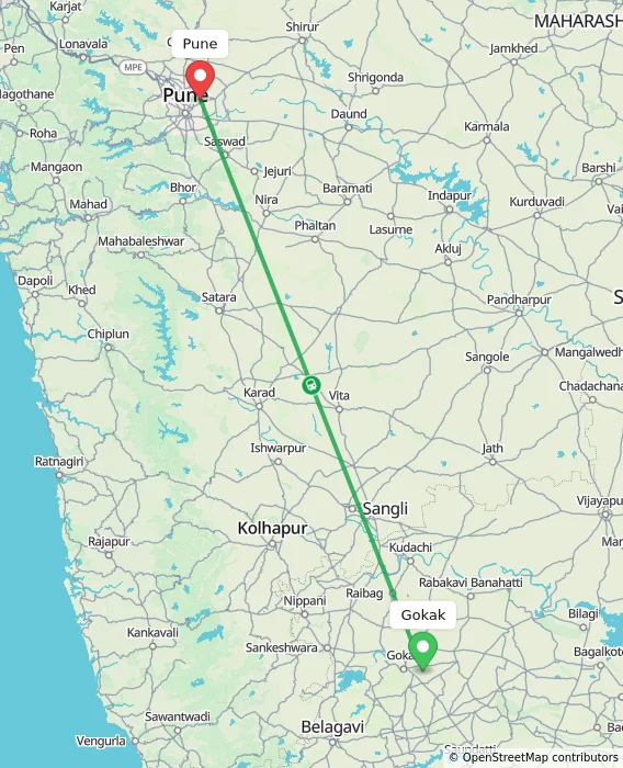 Route map showing distance and travel time from Gokak, India to Pune, India