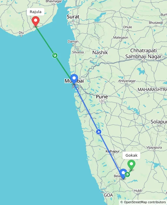 Route map showing distance and travel time from Gokak, India to Rajula, India