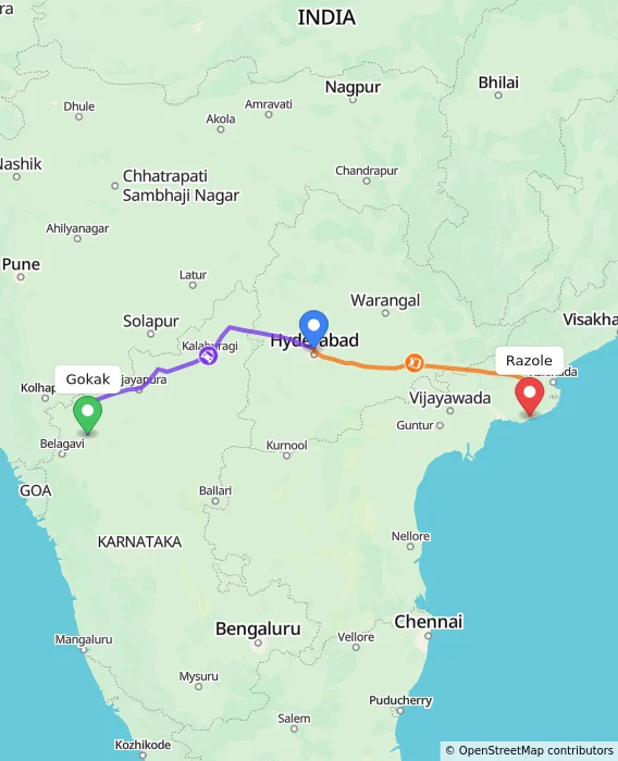 Route map showing distance and travel time from Gokak, India to Razole, India