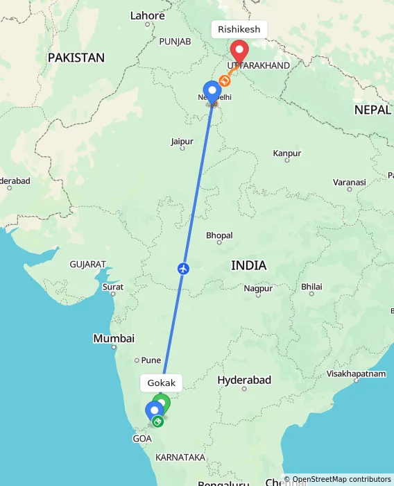 Route map showing distance and travel time from Gokak, India to Rishikesh, India