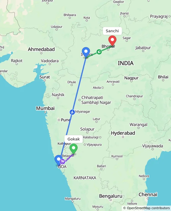 Route map showing distance and travel time from Gokak, India to Sanchi, India