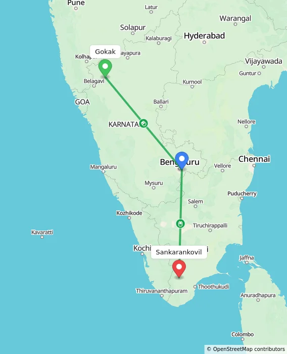 Route map showing distance and travel time from Gokak, India to Sankarankovil, India
