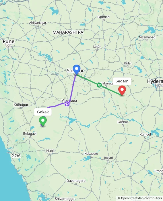 Route map showing distance and travel time from Gokak, India to Sedam, India