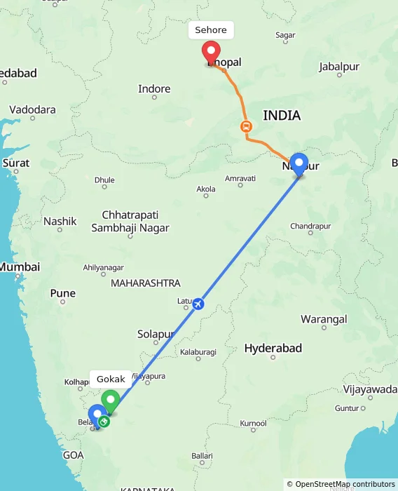 Route map showing distance and travel time from Gokak, India to Sehore, India