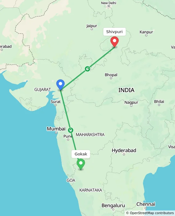 Route map showing distance and travel time from Gokak, India to Shivpuri, India