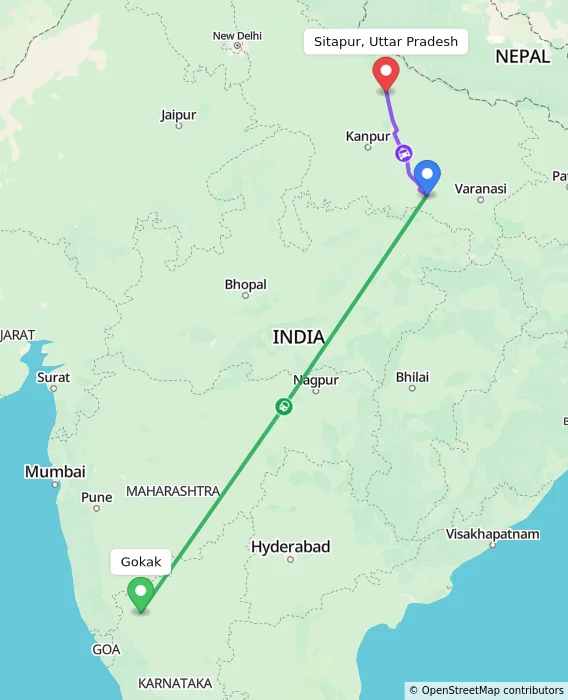 Route map showing distance and travel time from Gokak, India to Sitapur, Uttar Pradesh, India