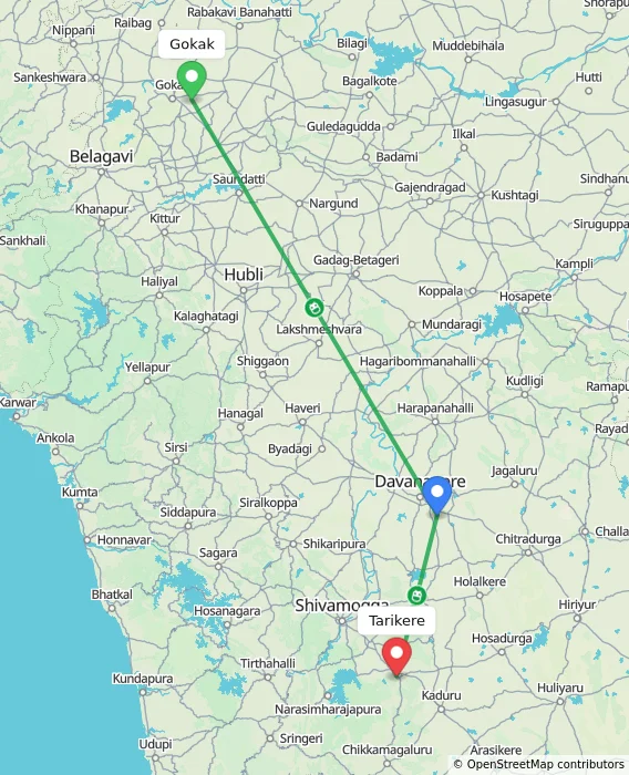 Route map showing distance and travel time from Gokak, India to Tarikere, India