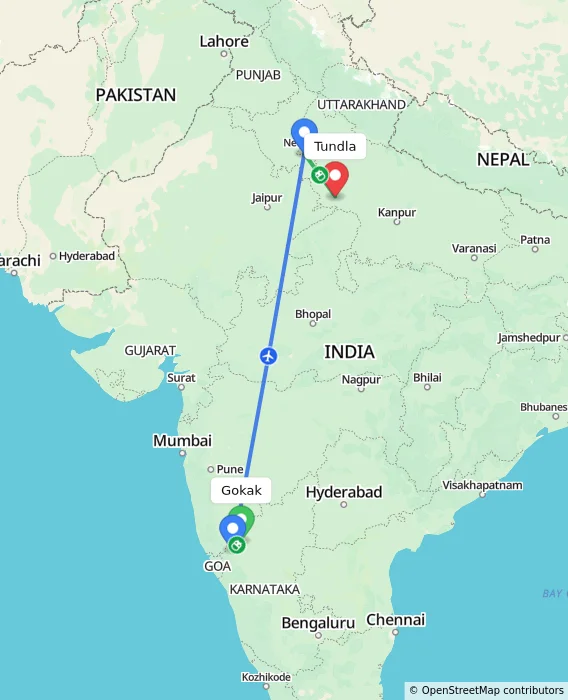 Route map showing distance and travel time from Gokak, India to Tundla, India