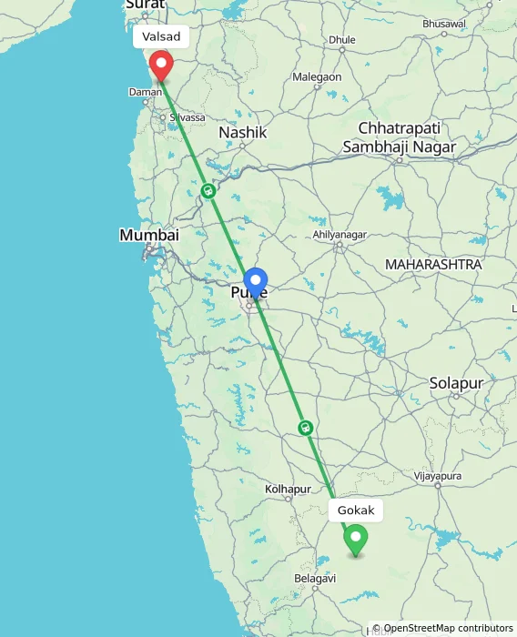 Route map showing distance and travel time from Gokak, India to Valsad, India