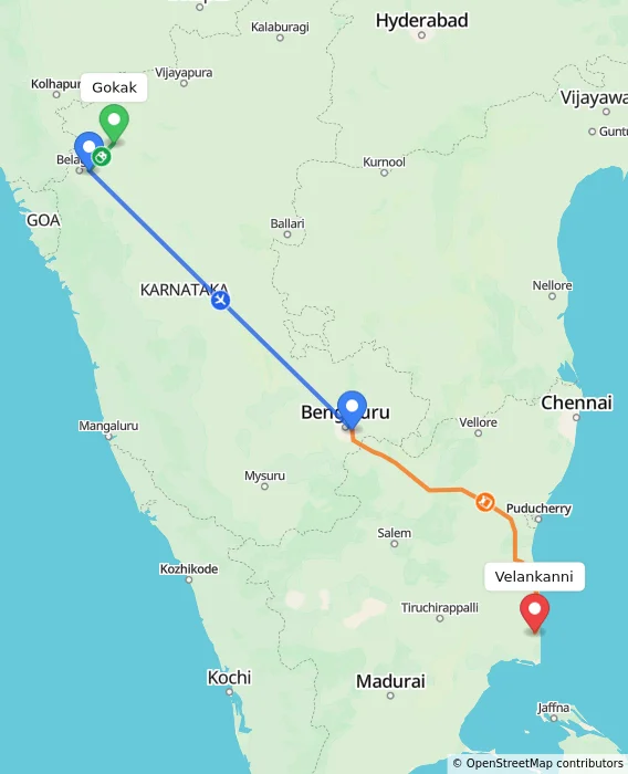 Route map showing distance and travel time from Gokak, India to Velankanni, India