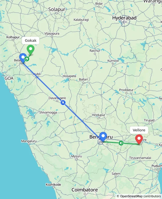 Route map showing distance and travel time from Gokak, India to Vellore, India