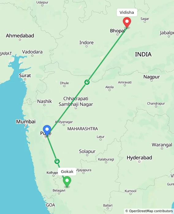 Route map showing distance and travel time from Gokak, India to Vidisha, India