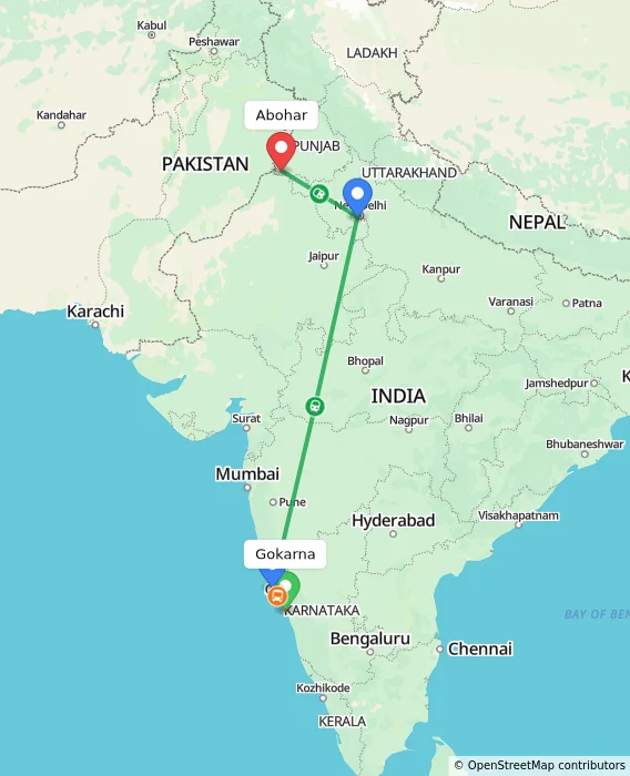 Route map showing distance and travel time from Gokarna, India to Abohar, India