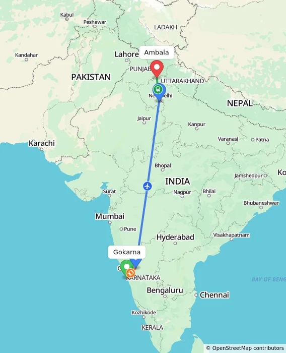 Route map showing distance and travel time from Gokarna, India to Ambala, India
