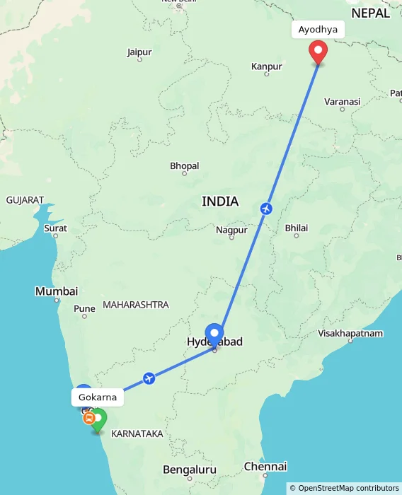 Route map showing distance and travel time from Gokarna, India to Ayodhya, India