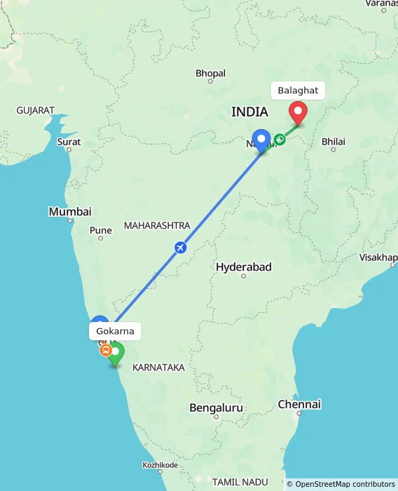 Route map showing distance and travel time from Gokarna, India to Balaghat, India