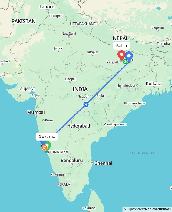 Route map showing distance and travel time from Gokarna, India to Ballia, India