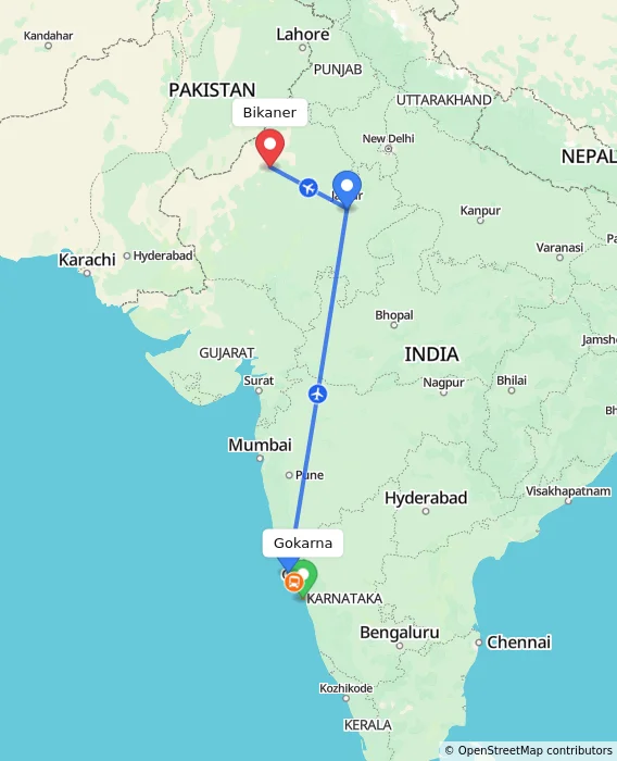 Route map showing distance and travel time from Gokarna, India to Bikaner, India