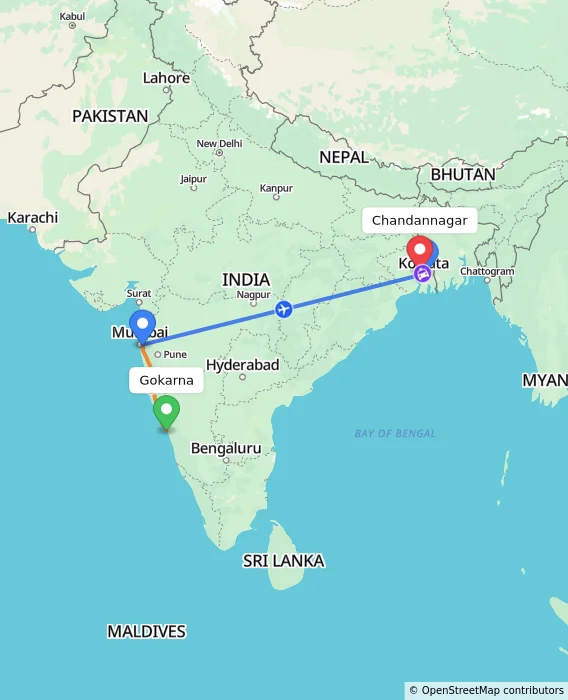 Route map showing distance and travel time from Gokarna, India to Chandannagar, India