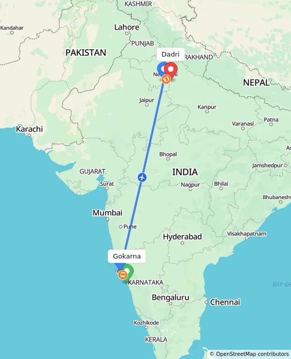 Route map showing distance and travel time from Gokarna, India to Dadri, India
