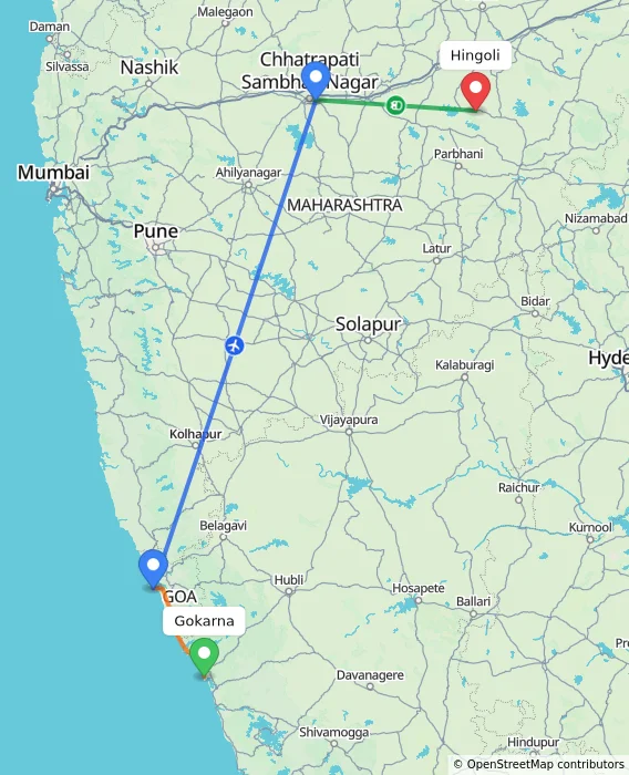 Route map showing distance and travel time from Gokarna, India to Hingoli, India