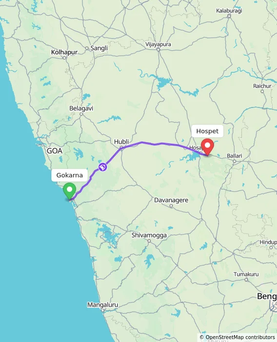 Route map showing distance and travel time from Gokarna, India to Hospet, India