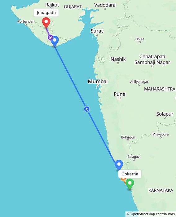 Route map showing distance and travel time from Gokarna, India to Junagadh, India