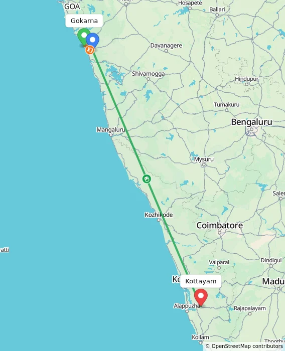 Route map showing distance and travel time from Gokarna, India to Kottayam, India