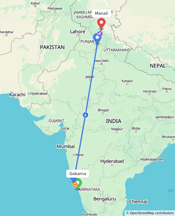 Route map showing distance and travel time from Gokarna, India to Manali, India