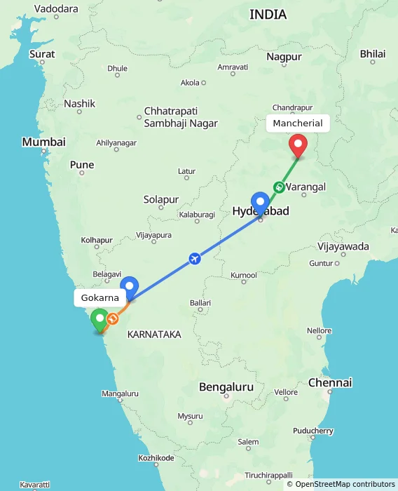 Route map showing distance and travel time from Gokarna, India to Mancherial, India