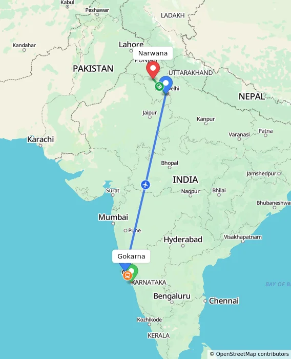 Route map showing distance and travel time from Gokarna, India to Narwana, India