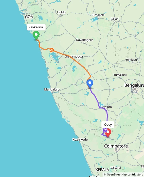 Route map showing distance and travel time from Gokarna, India to Ooty, India
