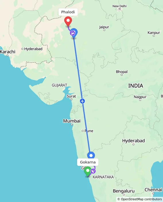 Route map showing distance and travel time from Gokarna, India to Phalodi, India