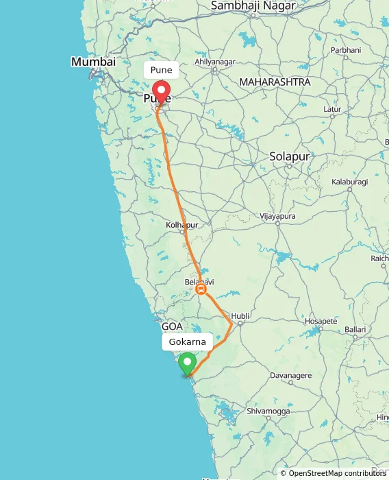 Route map showing distance and travel time from Gokarna, India to Pune, India
