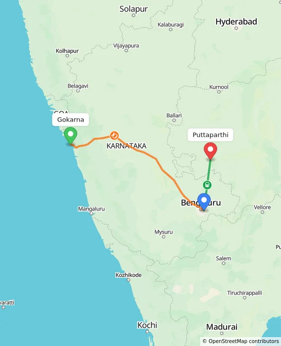Route map showing distance and travel time from Gokarna, India to Puttaparthi, India