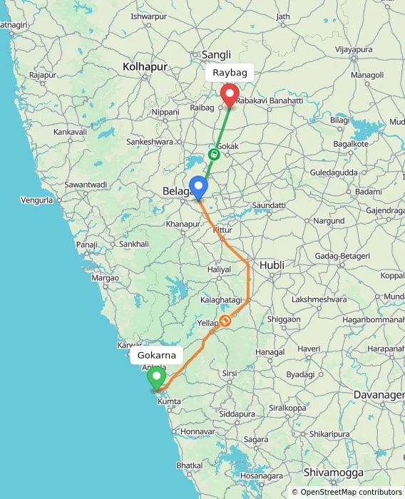 Route map showing distance and travel time from Gokarna, India to Raybag, India